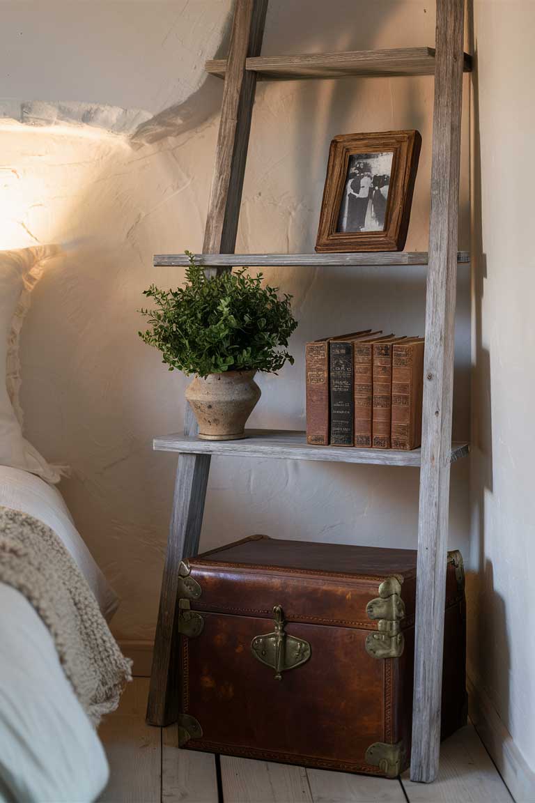 A rustic bedroom corner with a warm and inviting atmosphere. A wooden ladder shelf, weathered and slightly distressed, leans against a soft, textured white wall, adding a touch of natural charm. The shelf is adorned with a curated selection of items: a small, lush potted plant in a rustic ceramic pot, a vintage black and white photograph in a weathered wooden frame, and a stack of well-loved, leather-bound books with a cozy, worn appearance. At the base of the ladder, a vintage leather trunk with a rich patina and aged brass hardware serves as both storage and a focal point, evoking a sense of history and character. Soft, ambient lighting casts a gentle glow, highlighting the warm tones of the wood and leather. A knitted throw draped casually over the top of the trunk adds an extra layer of coziness and texture.