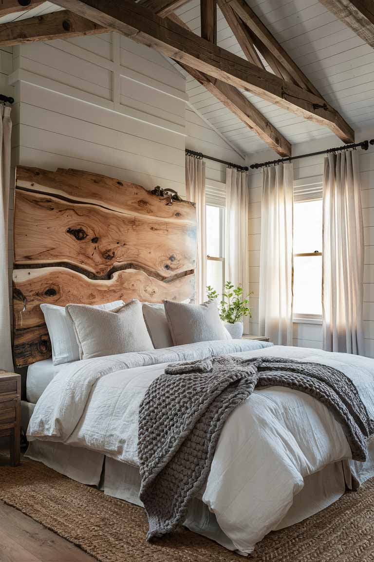 A rustic bedroom featuring a large reclaimed wood headboard with intricate natural grain patterns, set against a soft white shiplap wall. Exposed wooden beams with a rich, weathered finish crisscross the ceiling, adding depth and warmth. The bed is adorned with crisp white linens, layered with a chunky knit gray throw blanket draped casually at the foot. Two plush, overstuffed pillows rest against the headboard, inviting relaxation. Soft, golden light filters through linen curtains, casting a warm, inviting glow across the room. The light emphasizes the natural textures of the wood, creating a cozy, serene atmosphere. A small potted plant sits on a rustic wooden nightstand, adding a touch of greenery and life to the space, while a braided jute rug underfoot enhances the room's organic charm.