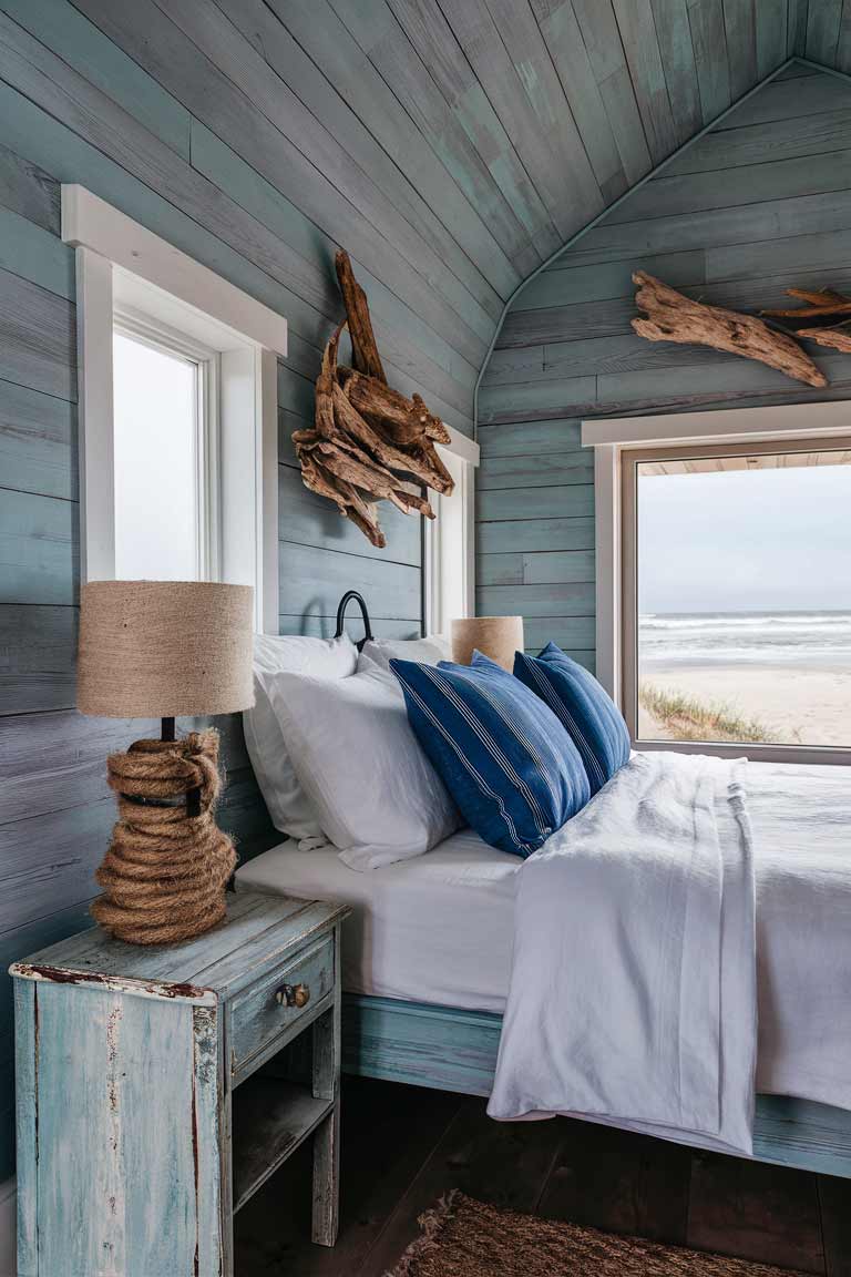 A rustic coastal tiny house bedroom with weathered wood walls painted in a soft blue-gray. The bed features white linen bedding with blue striped pillows. Driftwood art hangs above the bed, and a rope-wrapped lamp sits on a weathered nightstand. A large window shows a glimpse of sandy beach and ocean waves.