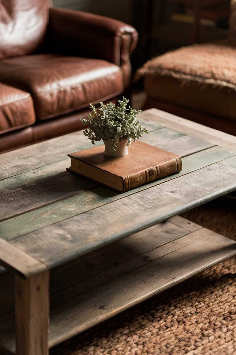 A close-up of a rustic coffee table area in a tiny living room. The image shows a reclaimed wood coffee table with a weathered finish, topped with a few carefully chosen decorative items like a small plant and a vintage book. Visible in the background are the edges of a leather sofa and a wool rug, emphasizing the table's central role in the room's design.