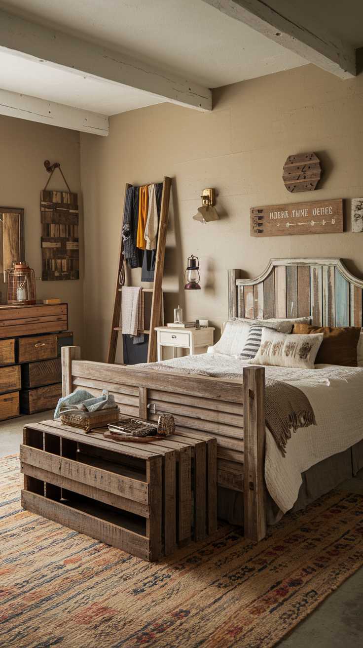 A rustic farmhouse bedroom featuring a wooden bed and repurposed furniture