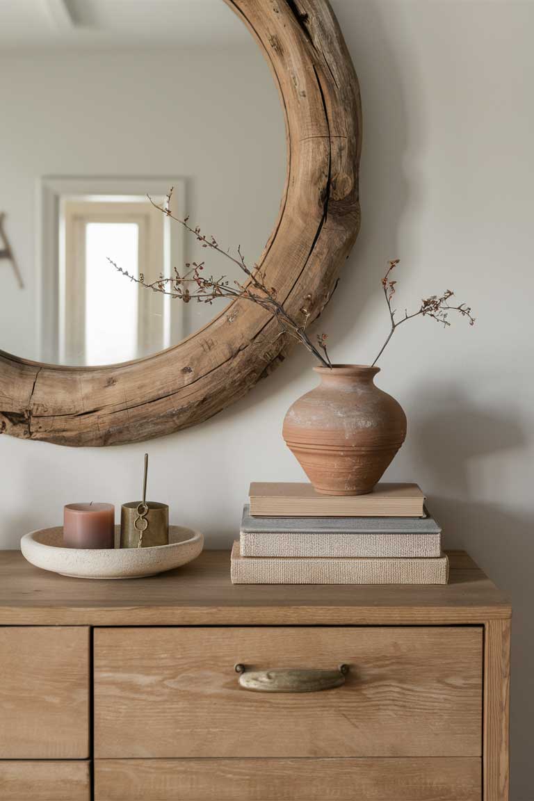 A rustic minimalist bedroom dresser top showcasing mindful decor selection. A large, round mirror with a simple wooden frame hangs above the dresser. On the dresser surface, a small collection of items is artfully arranged: a pottery vase with a few dried branches, a stack of two or three hardcover books, and a simple ceramic tray holding a couple of personal items. The arrangement is sparse but thoughtfully curated.