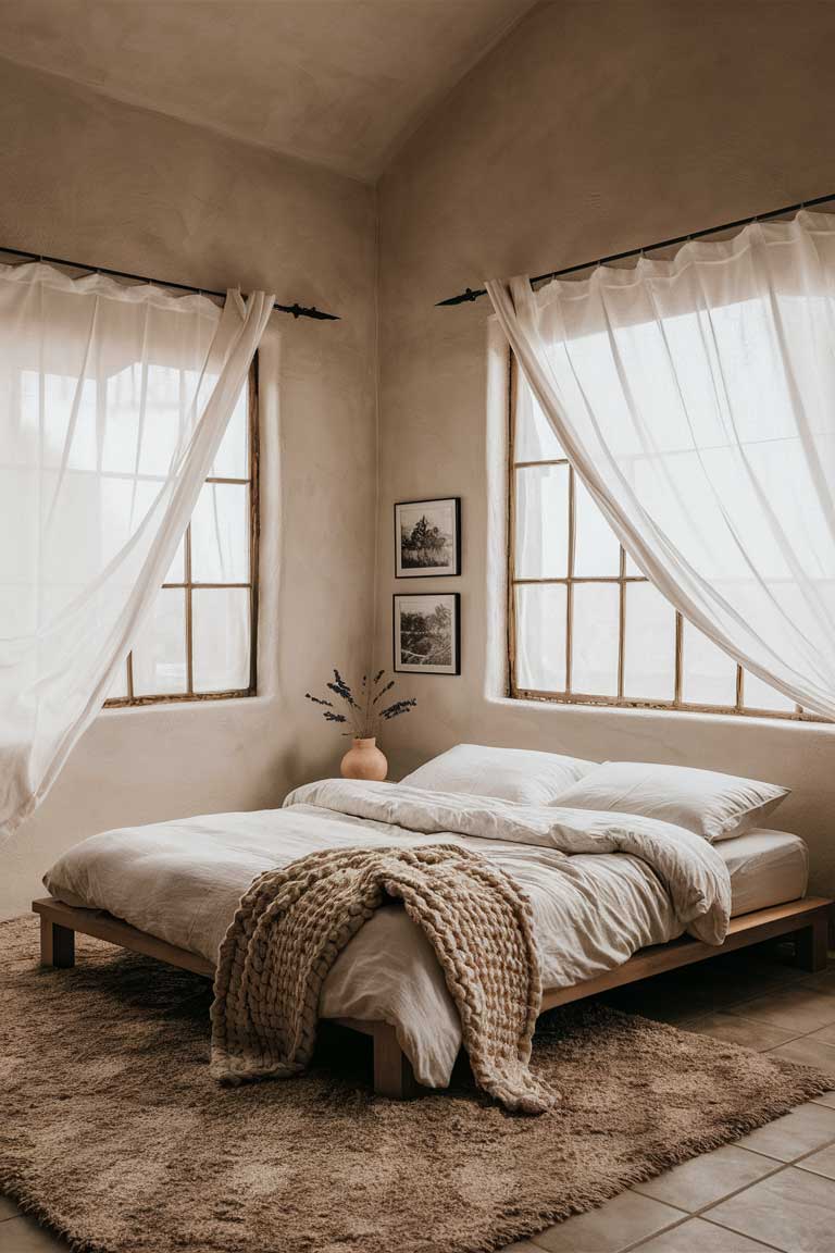 A rustic minimalist bedroom with a large, unadorned window taking up most of one wall. Soft, natural light floods the room, illuminating a simple wooden bed with white linens. Sheer white curtains frame the window, gently moving in a breeze.