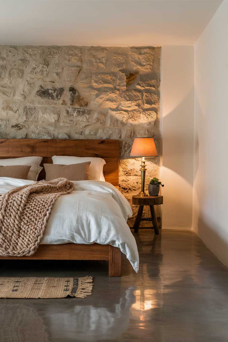 A rustic minimalist bedroom featuring a rough stone accent wall behind a simple wooden bed frame with a rich, warm oak finish. The bed is dressed in layers of crisp white linen, topped with a chunky knit throw in a soft, earthy tone, adding warmth and texture. A pair of plush pillows in a muted beige tone complements the bedding. The floor is polished concrete, reflecting the soft, golden light from a vintage-style brass bedside lamp with a fabric shade, casting a warm and inviting glow. A small woven rug with subtle patterns sits at the foot of the bed, providing a cozy touch underfoot. To the side, a wooden stool serves as a minimalist nightstand, holding a small potted plant and a well-worn book, enhancing the room's tranquil ambiance.