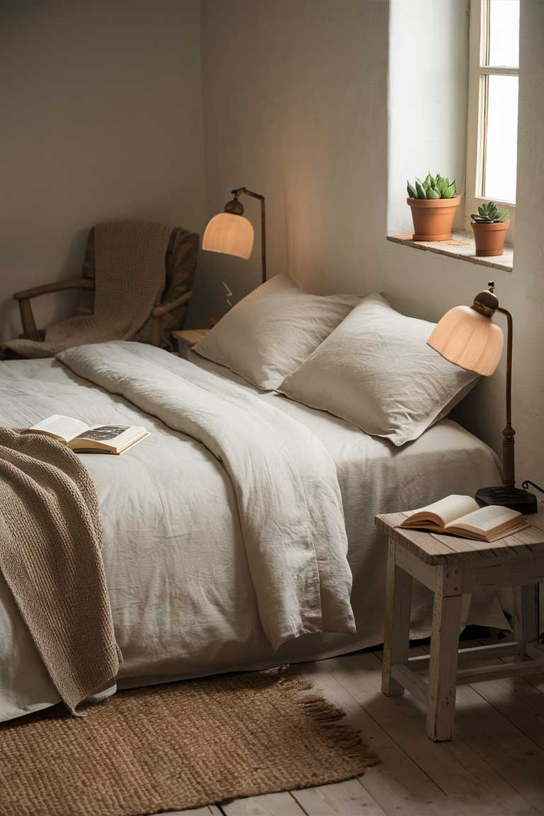 A rustic minimalist bedroom in the early morning light. The bed is neatly made with smooth, wrinkle-free white linens and a perfectly placed throw blanket. The bedside tables are clear except for a lamp and a book. The overall impression is one of calm and order, ready for a new day.