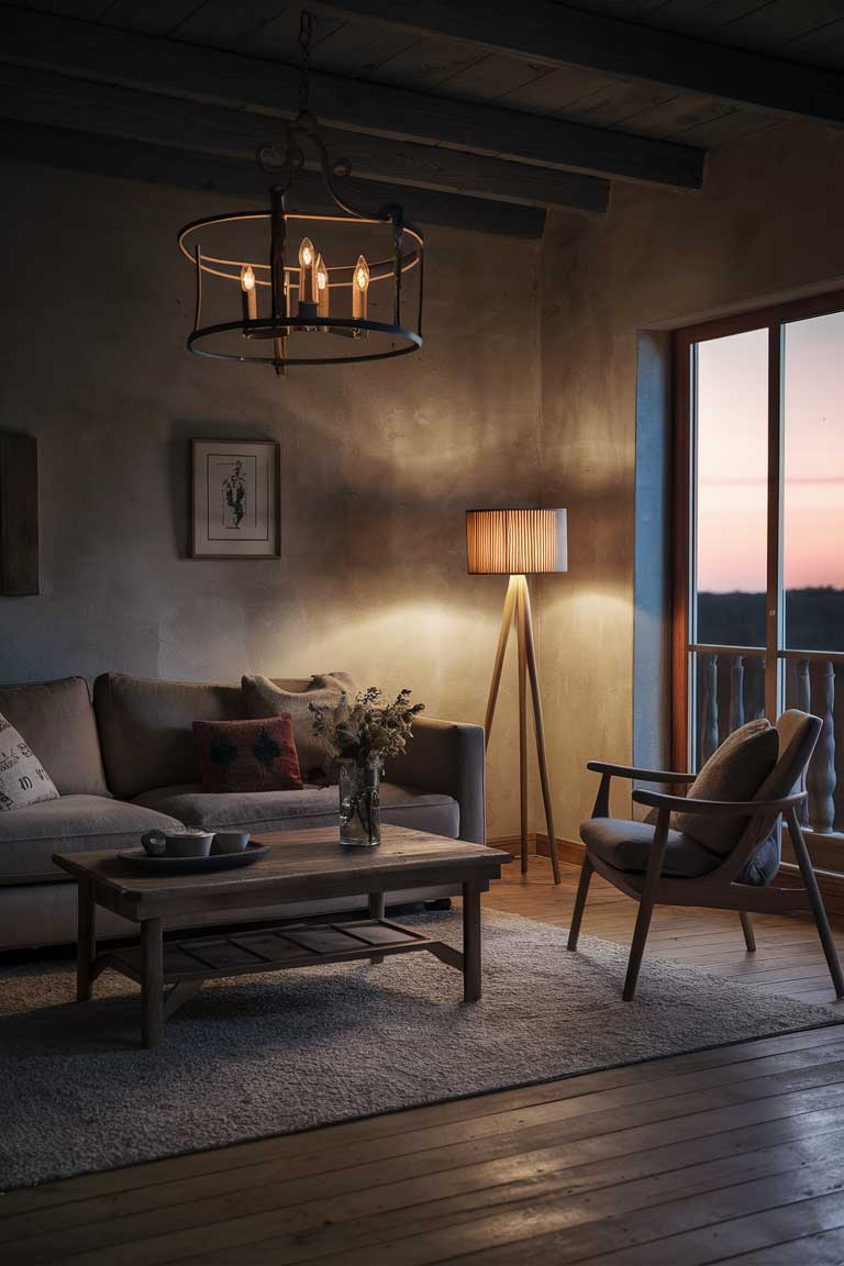 A rustic minimalist living room at dusk, lit by a simple wrought iron chandelier and a wooden floor lamp, creating a warm, inviting atmosphere.