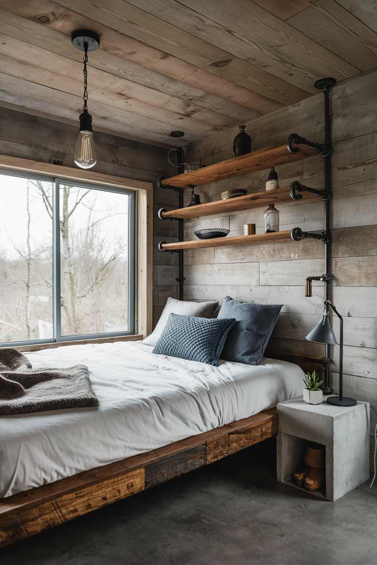 A rustic-modern tiny house bedroom featuring a platform bed made of reclaimed wood with a sleek, low profile. Industrial pipe shelving above the bed displays a few carefully chosen decor items. An Edison bulb pendant light hangs from the ceiling, and a concrete bedside table holds a minimalist lamp and a small plant.