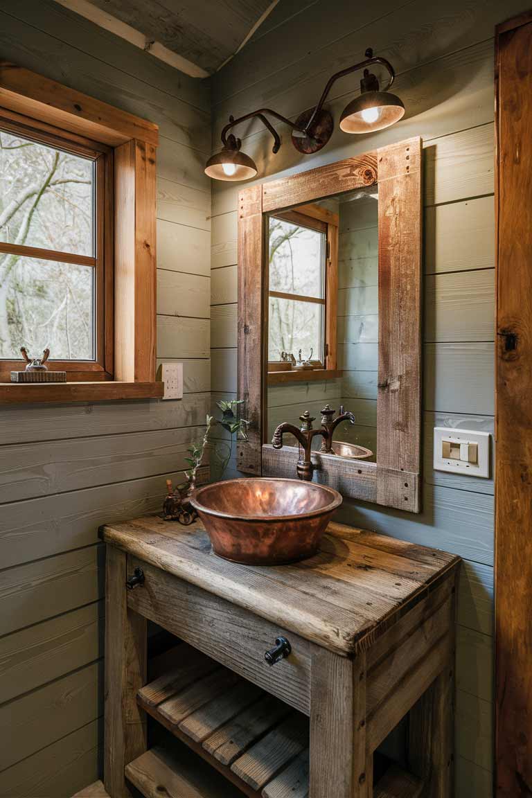 A rustic tiny house bathroom vanity with a copper basin sink and faucet. The vanity should be made of distressed wood, and the mirror frame should be constructed from repurposed barn wood.