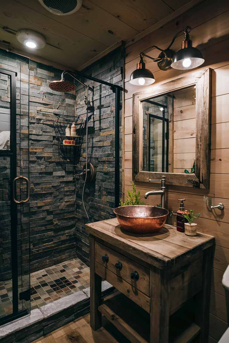 A rustic tiny house bathroom featuring a stone-tiled shower, a wooden vanity with a copper basin sink, and a mirror framed with repurposed barn wood.