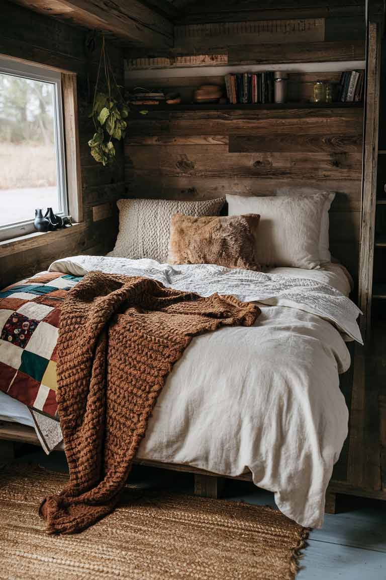 A rustic tiny house bed dressed in layers of textures featuring a cream linen duvet, a chunky knit wool throw in earthy brown, and a patchwork quilt folded at the foot of the bed. A faux fur pillow adds a touch of luxury, while a woven jute rug on the floor provides additional texture.