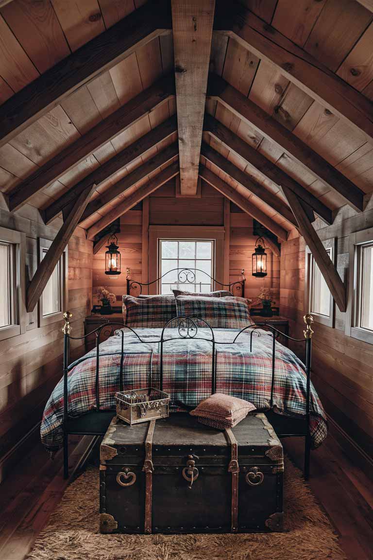 A tiny house bedroom with a rustic, cabin-like atmosphere. The room features exposed wooden beams on the ceiling and a wrought iron bed frame with plaid bedding. An antique trunk sits at the foot of the bed, and vintage lanterns provide soft lighting. The walls are wood-paneled, adding to the cozy, rustic feel.