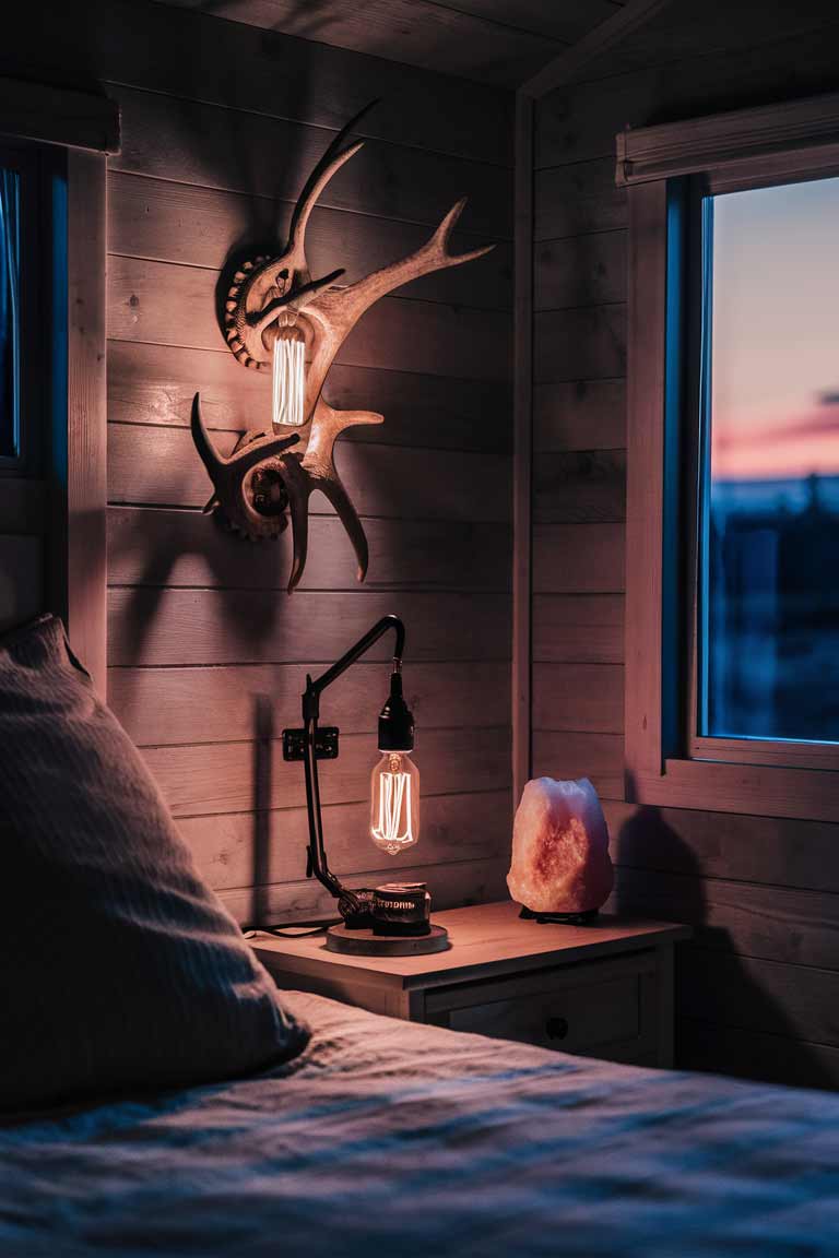 A rustic tiny house bedroom at dusk, illuminated by warm, soft lighting. An antler sconce on the wall casts a gentle glow, while a small vintage-style lamp with an exposed Edison bulb sits on a bedside table. A salt lamp in the corner adds a warm, pinkish hue to the room.