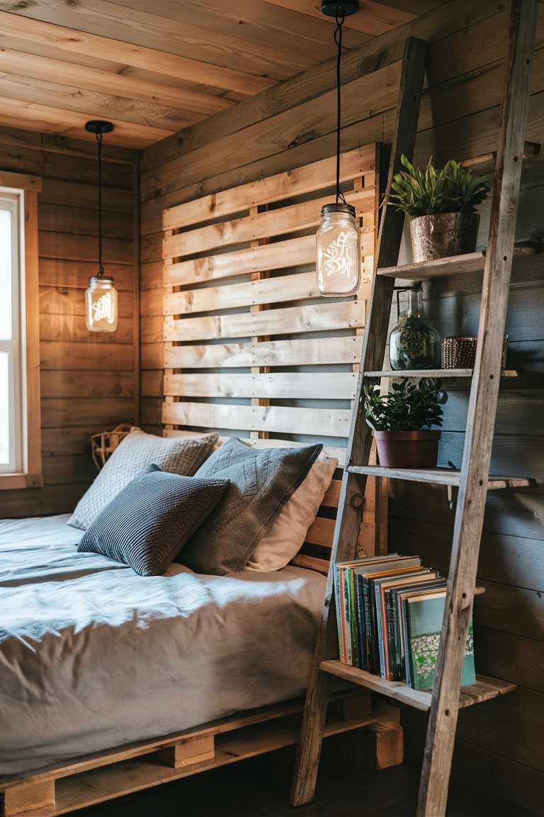 A rustic tiny house bedroom featuring a DIY pallet wood headboard. Mason jar pendant lights hang on either side of the bed, casting a warm glow. A repurposed wooden ladder leans against the wall, and it is used as a unique shelving unit holding books, plants, and decor items.