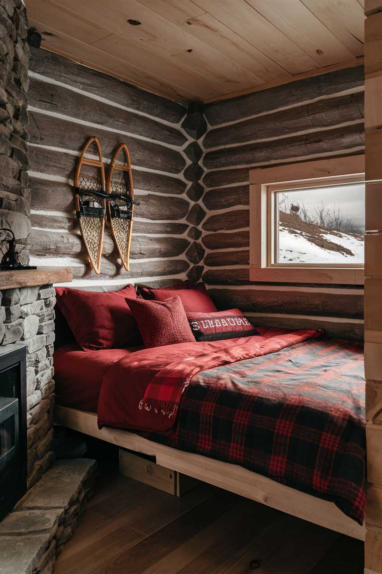 A rustic tiny house bedroom in classic cabin style. The room features log walls, a small stone fireplace in the corner, and a bed dressed in red and black plaid bedding. A pair of snowshoes hangs on the wall as decor, and a small window shows a snowy landscape outside.