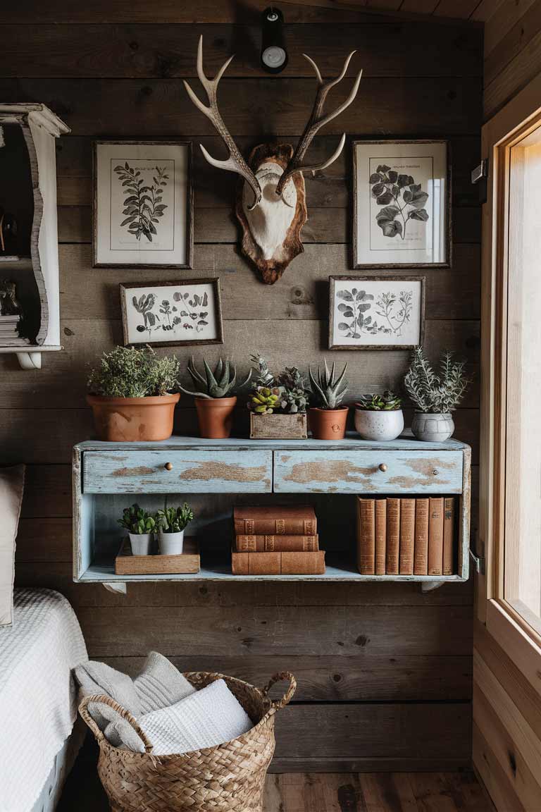 A rustic tiny house bedroom wall featuring a curated collection of decor. An antler mount hangs centrally, flanked by framed vintage botanical prints. Below, a weathered wooden shelf holds a mix of potted succulents, a small herb planter, and a stack of leather-bound books. A woven basket sits on the floor, filled with cozy throw blankets.