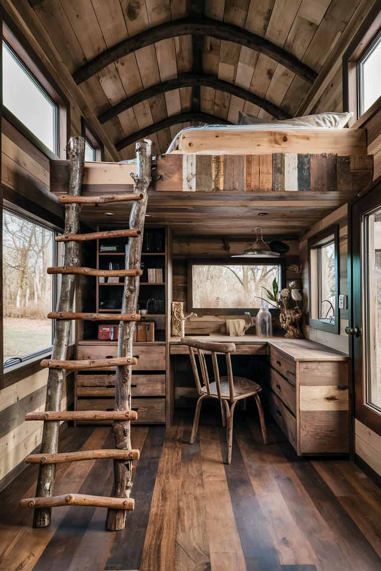 A rustic tiny house bedroom with a loft bed made of reclaimed wood. Under the loft, built-in drawers and shelves provide ample storage. A ladder made of tree branches leads to the loft, and a small desk area is tucked underneath, complete with a rustic wooden chair.