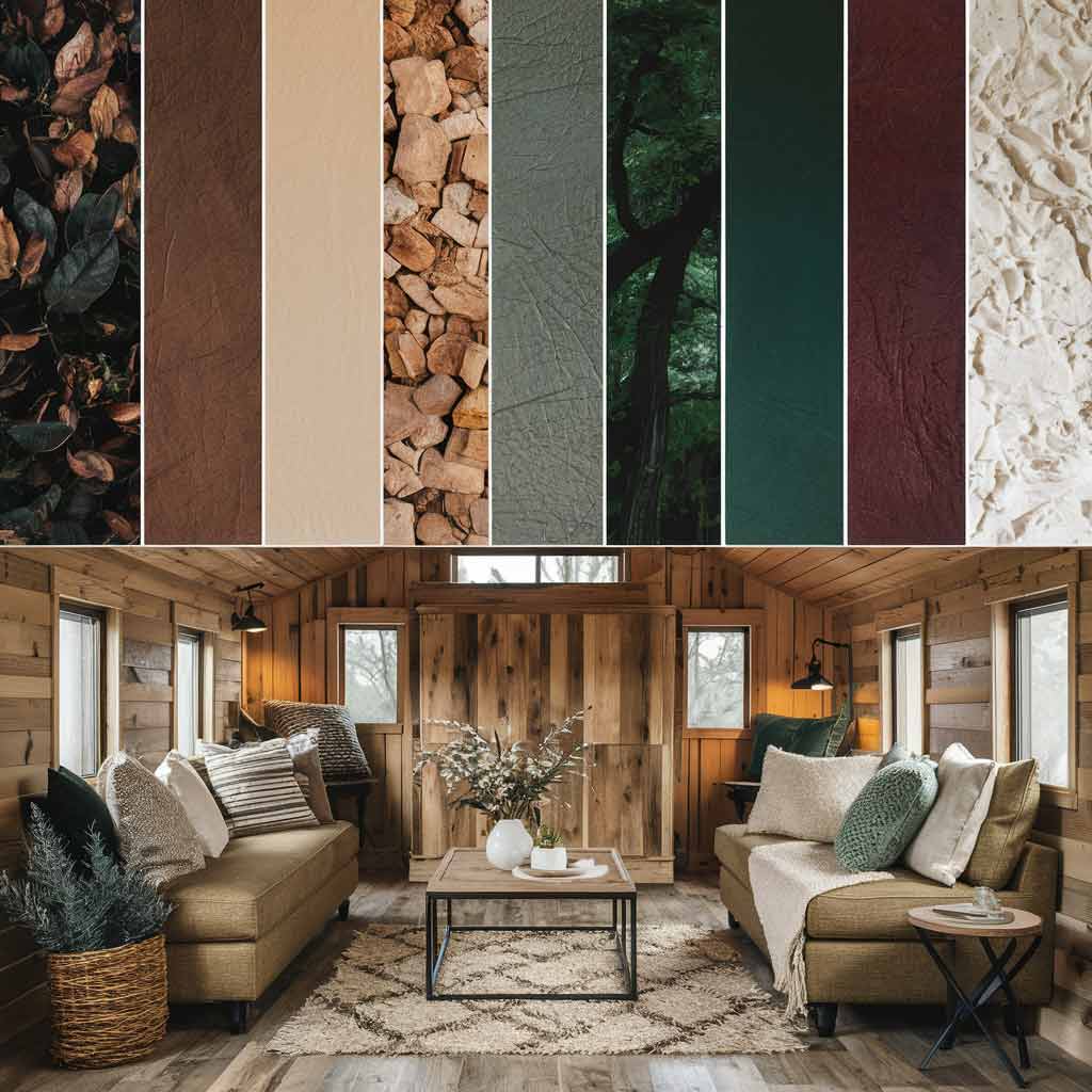 A color palette inspired by a rustic tiny house living room. The image shows swatches of earth tones (deep browns, warm greys, softbeiges), forest-inspired hues (deep greens, rich burgundies), and soft whites. 