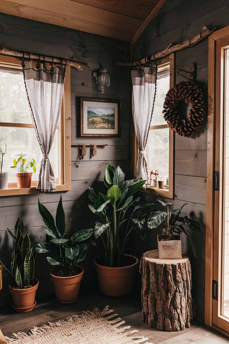 A rustic tiny house interior corner showcasing nature-inspired elements. Potted indoor plants, a framed landscape painting, curtain rods made from wooden branches, a pinecone wreath on the wall, and a tree stump being used as a side table.