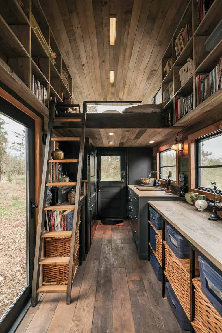 A rustic tiny house interior showcasing clever use of vertical space. Show a lofted sleeping area accessible by a ladder made from repurposed wood. A floor-to-ceiling shelving units filled with books, decorative items, and storage baskets.