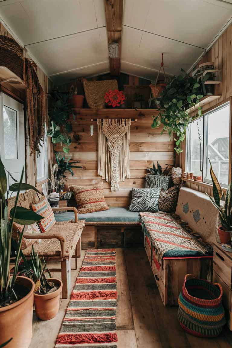 A rustic tiny house interior with bohemian influences. A rustic wooden furniture adorned with colorful textiles, plenty of potted plants, and artistic, handmade decor items like macramé wall hangings or colorful woven baskets.