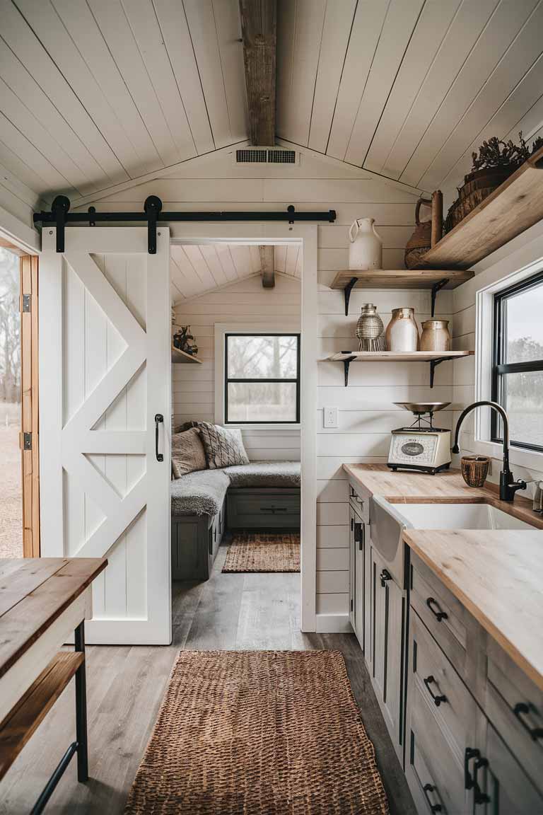 A rustic tiny house interior with clear farmhouse influences. A sliding barn door, light-colored wood accents, open shelving with vintage decor pieces like an old milk jug and kitchen scales.