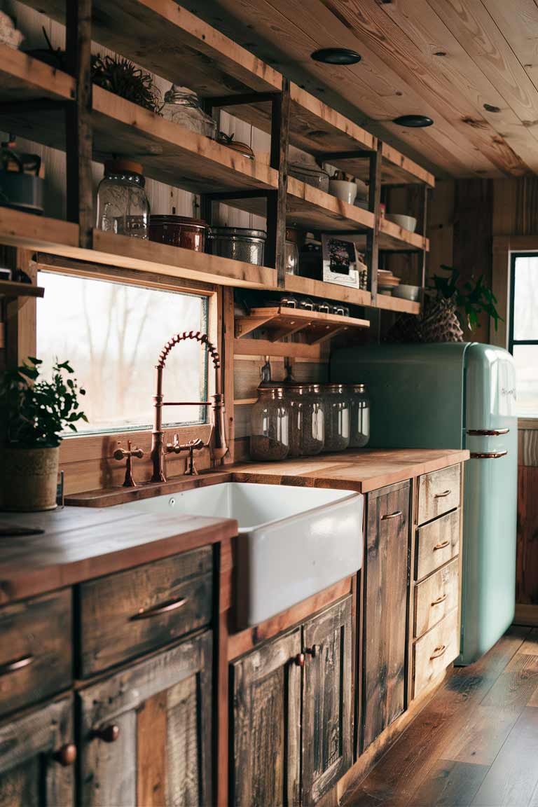 A rustic tiny house kitchen with open shelving made from reclaimed wood, showcasing a farmhouse sink with a copper faucet. Include distressed wooden cabinets, a butcher block countertop, and mason jars used for storage.