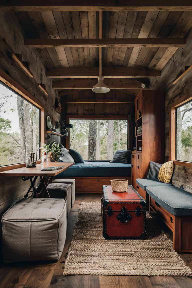 A rustic tiny house living area showcasing multi-functional furniture. Include an ottoman with visible storage, a folding or extendable wooden table, and a vintage trunk being used as a coffee table.