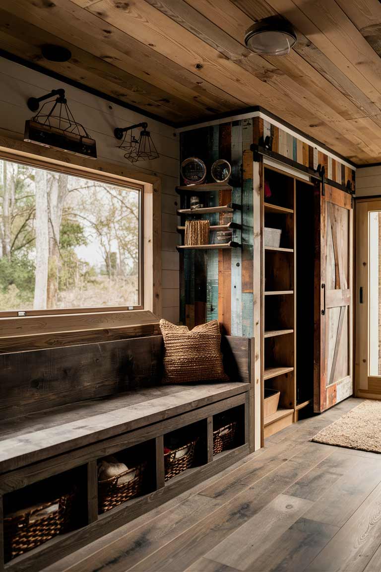 A rustic tiny house living area featuring a built-in wooden bench with visible storage compartments underneath, wall-mounted shelving units made from reclaimed wood and a closet with a sliding barn door.