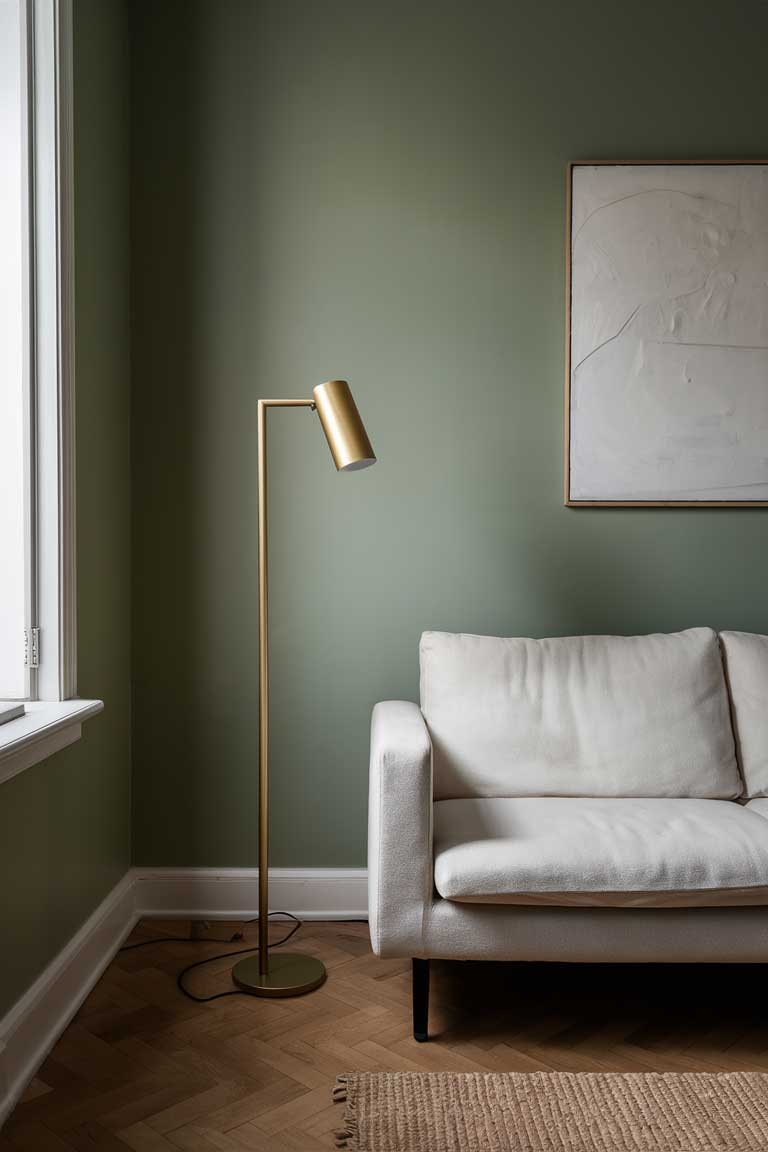 A sage green living room corner featuring a minimalist gold floor lamp with a slim design. Include a simple white sofa and a piece of abstract art on the wall.