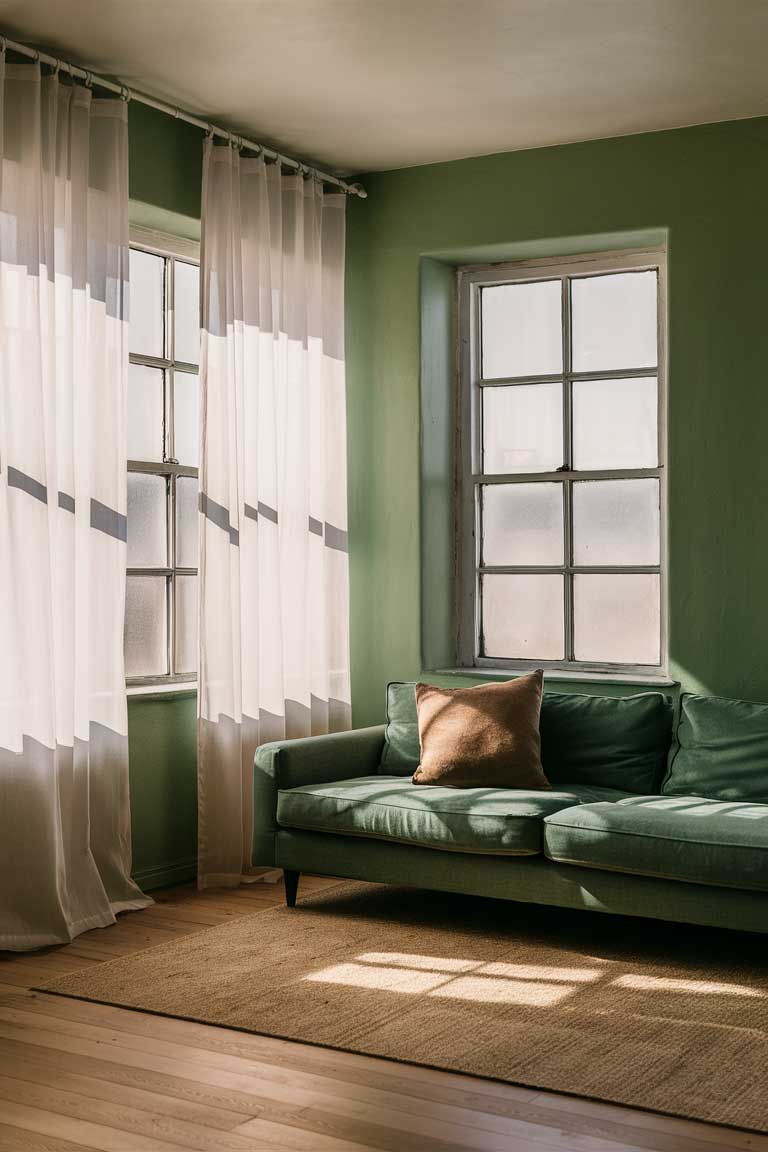 A sage green living room with large windows letting in abundant natural light.