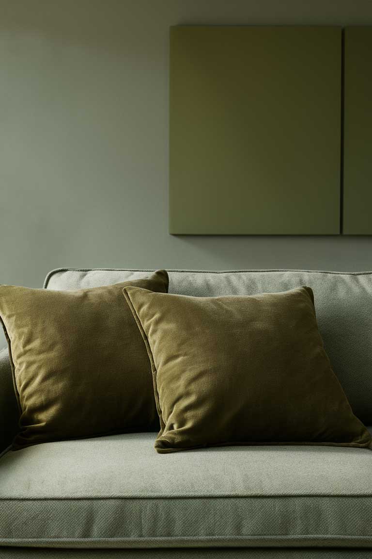 A sage green sofa with olive green throw pillows.