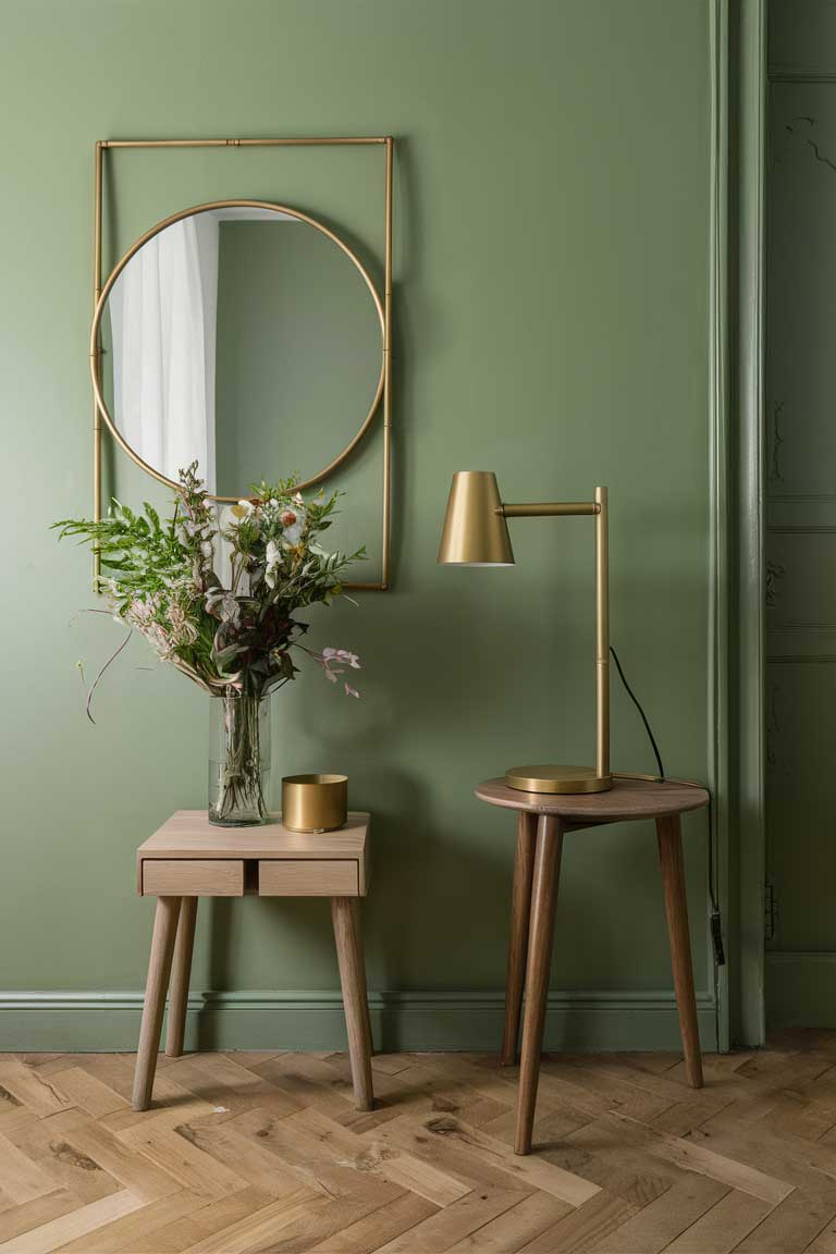 A sage green wall featuring a large, minimalist gold-framed mirror.