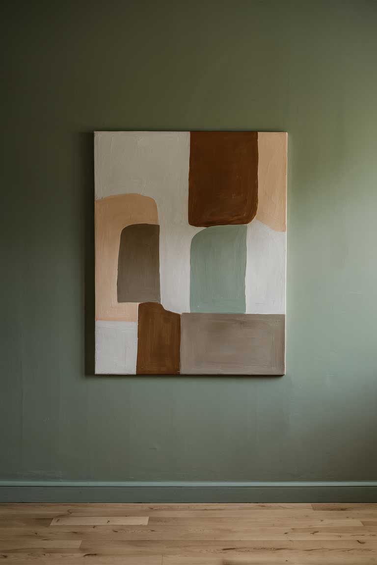 A sage green wall featuring a large, minimalist abstract art piece with shapes in varying shades of green and earthy tones.