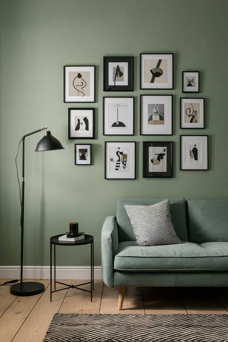 A sage green wall with a gallery of black-framed minimalist artworks.