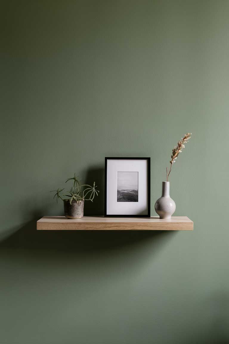 A sage green wall with a single floating wooden shelf.