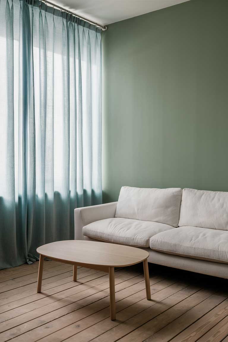 A sage green wall with floor-to-ceiling windows dressed in light, airy sky blue curtains.