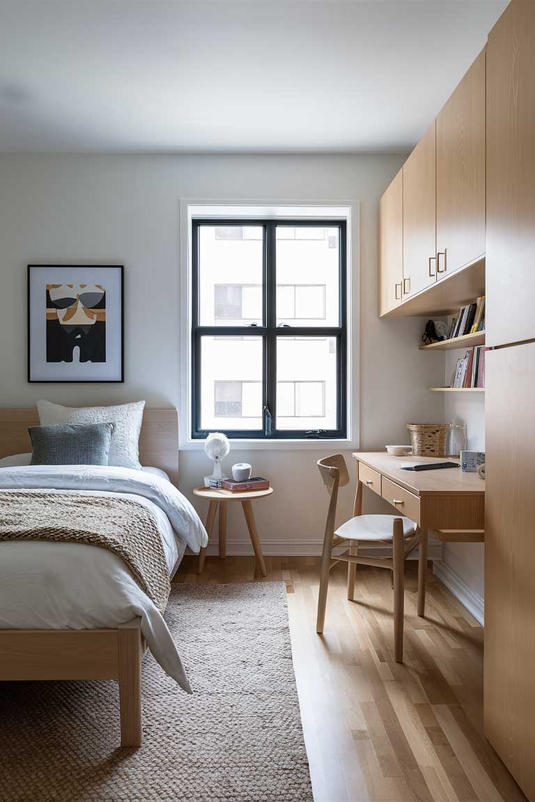 A Scandinavian-inspired bedroom with a light wood bed, white bedding, and a small workspace with a wooden desk and chair. A large window provides ample natural light.