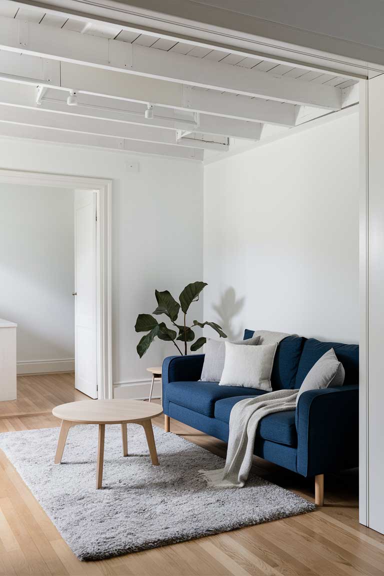 A Scandinavian-inspired living room with white walls and navy blue accents. A light oak floor and exposed ceiling beams add warmth. The room features a navy blue sofa with light gray and oatmeal-colored throw pillows. A round light oak coffee table sits on a soft gray area rug. In the corner, a fiddle leaf fig plant in a simple white pot adds a touch of green. The room is bright and airy, showcasing how navy blue can be adapted to Scandinavian style.