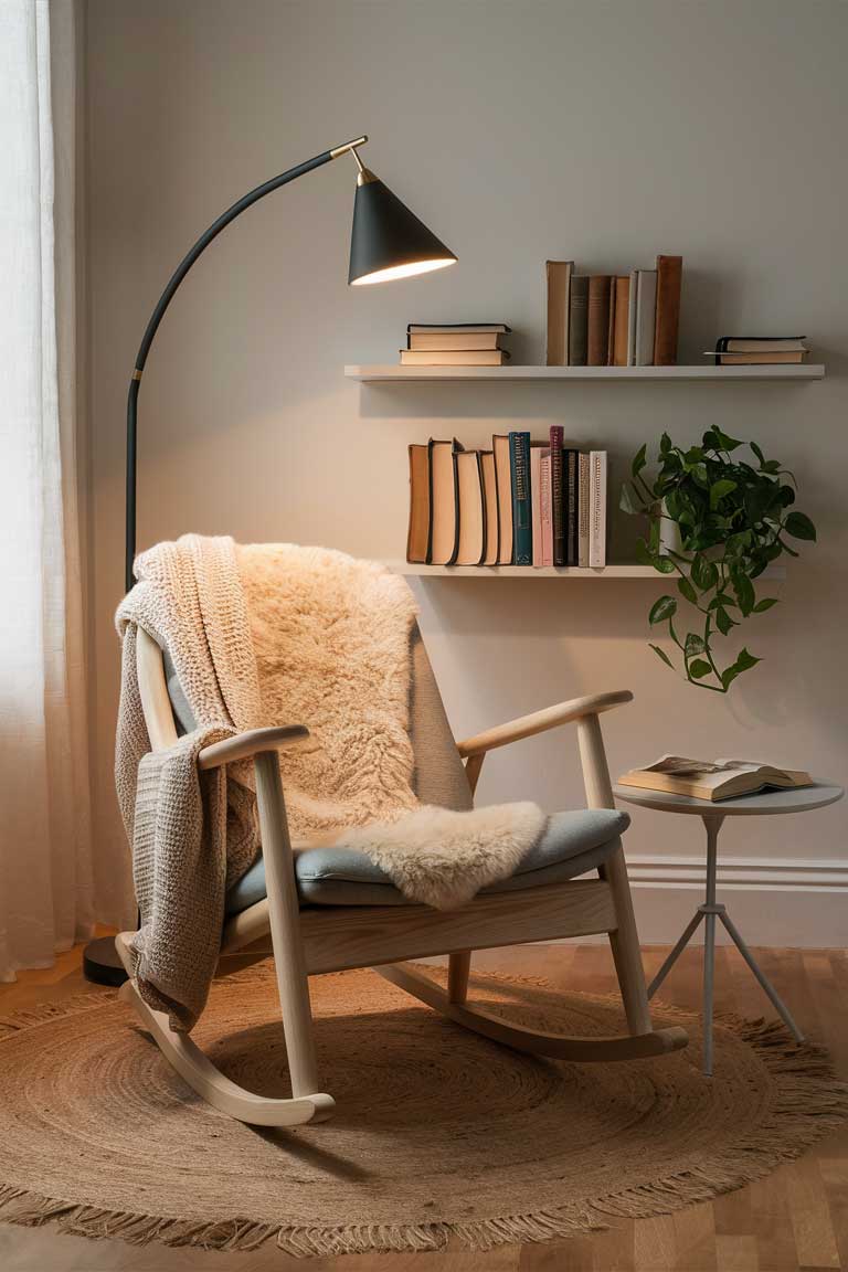 A Scandinavian-inspired reading corner exuding warmth and charm. The scene features a light wood rocking chair adorned with a plush, ivory sheepskin throw, enhancing comfort. A soft, beige knit blanket is draped over the back of the chair for an extra touch of coziness. A slim, matte black floor lamp with a brass accent arches gracefully over the chair, casting a gentle, warm light. The floor is covered by a round, natural jute rug with a subtle fringe that adds texture. Above the chair, a floating shelf displays a curated selection of books in varying heights and a small, lush green potted plant. Soft, ambient lighting from the lamp creates a serene atmosphere, perfect for curling up with a good book.