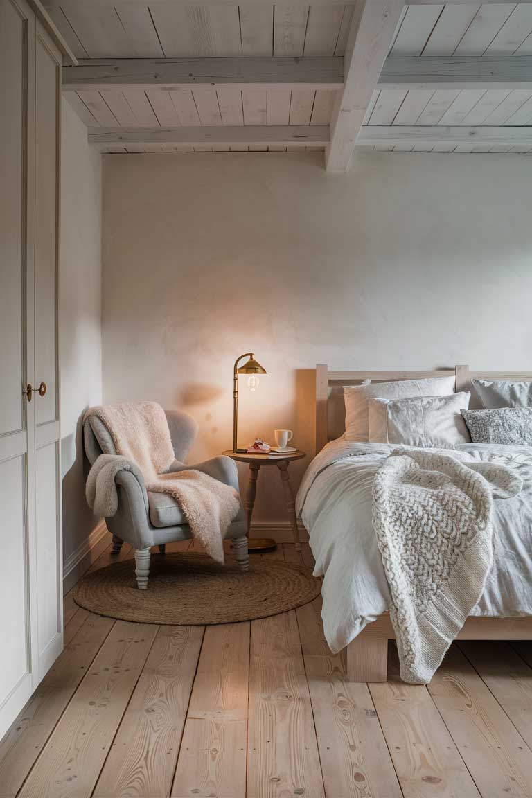 A Scandinavian-inspired rustic bedroom with light wood floors and white walls. The bed frame is made of pale, natural wood and dressed in white and light gray linens. A textured white throw adds warmth. A cozy reading nook in the corner features a sheepskin-draped armchair and a soft, warm table lamp embodying the hygge aesthetic.