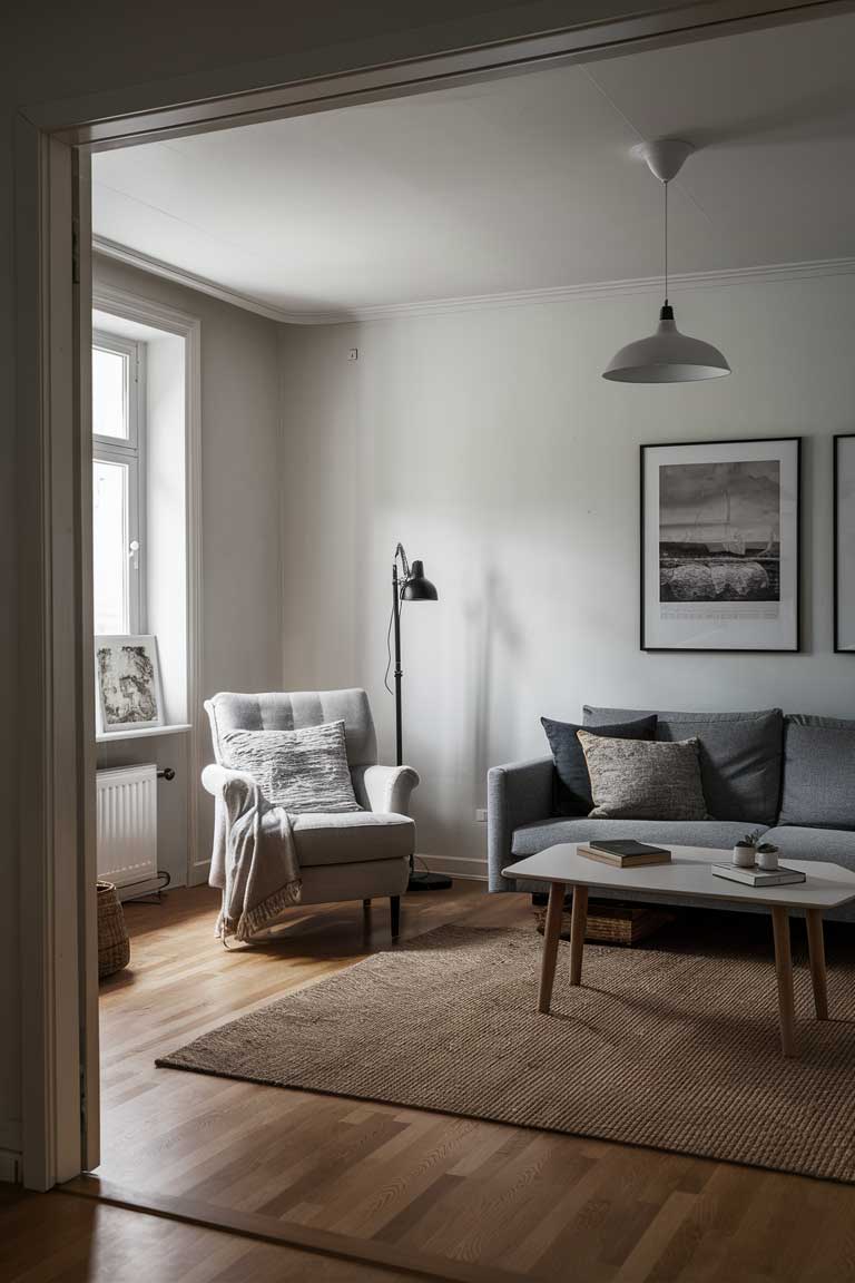 A scandinavian living room. In one corner, there's a reading nook with a comfortable armchair and floor lamp. The main seating area includes a sofa and coffee table arranged for conversation.