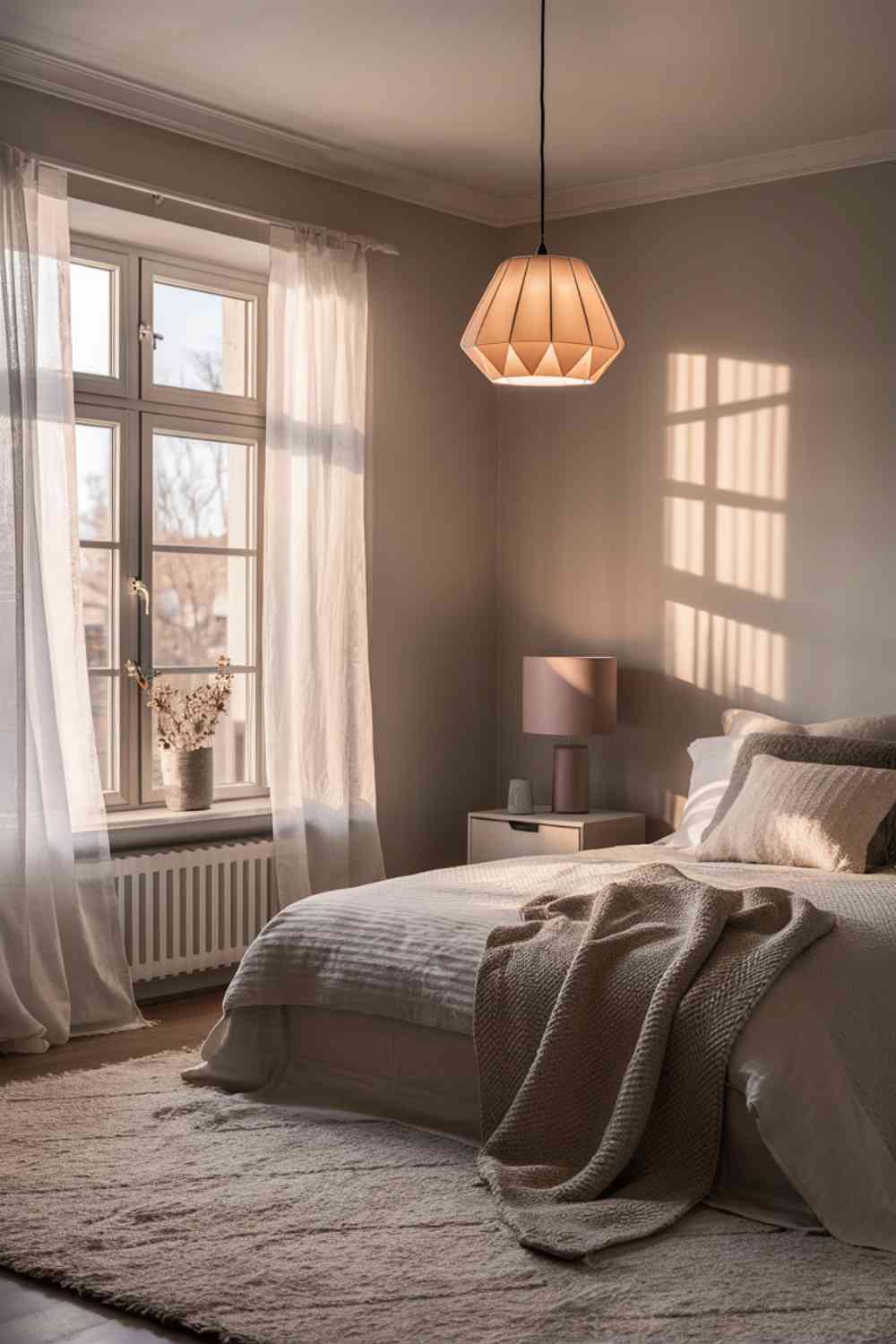 A Scandinavian minimalist bedroom bathed in natural light from a large window with sheer white curtains. A modern pendant light hangs from the ceiling, its simple geometric design casting interesting shadows. On the nightstand, a sleek table lamp with a cylindrical shade provides additional lighting.