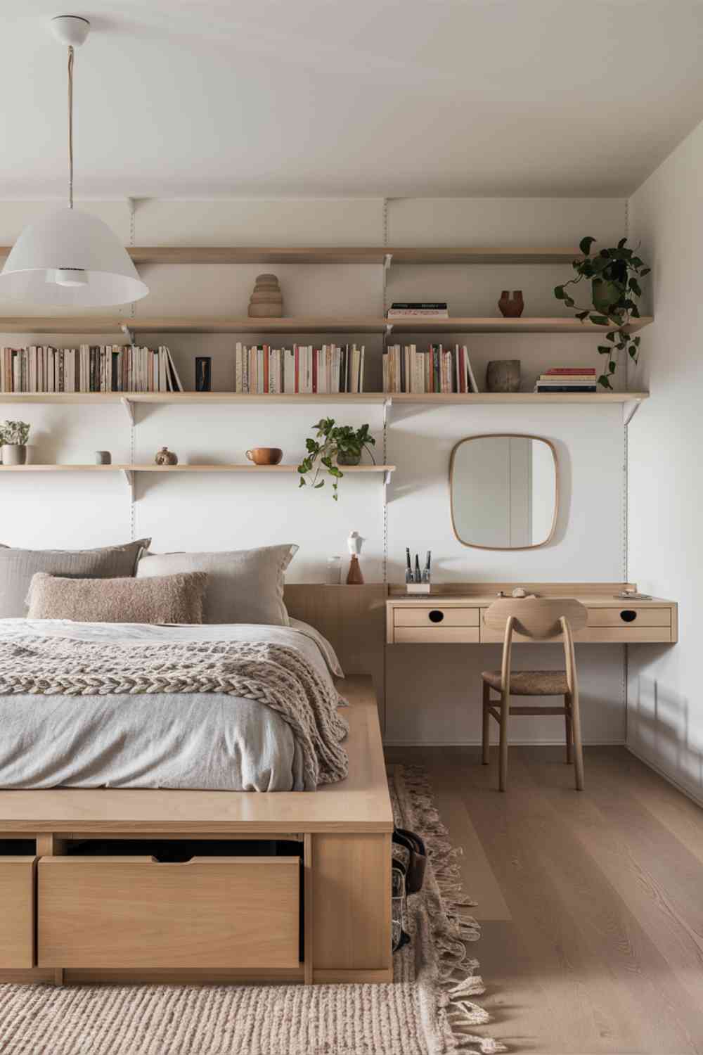 A Scandinavian minimalist bedroom showcasing clever storage solutions. A bed with built-in drawers provides hidden storage. A sleek, wall-mounted desk doubles as a vanity, with small, organized compartments for everyday items. Open shelving displays a few carefully chosen books and decorative objects. The room looks tidy and spacious, with everything having its designated place.