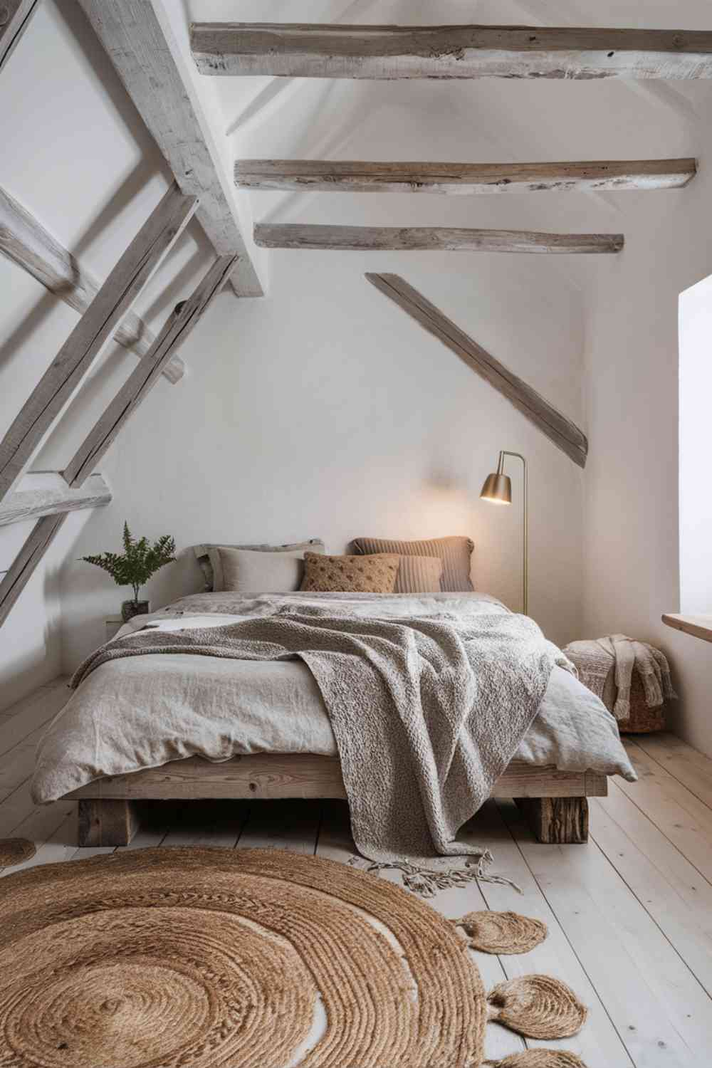 A Scandinavian minimalist bedroom featuring exposed wooden beams on the ceiling and whitewashed walls. The bed, made of reclaimed wood, is the centerpiece, dressed in layers of neutral-toned linens. A woven jute rug covers part of the natural wood floor, and a minimalist floor lamp stands in the corner, its simple design complementing the rustic elements.