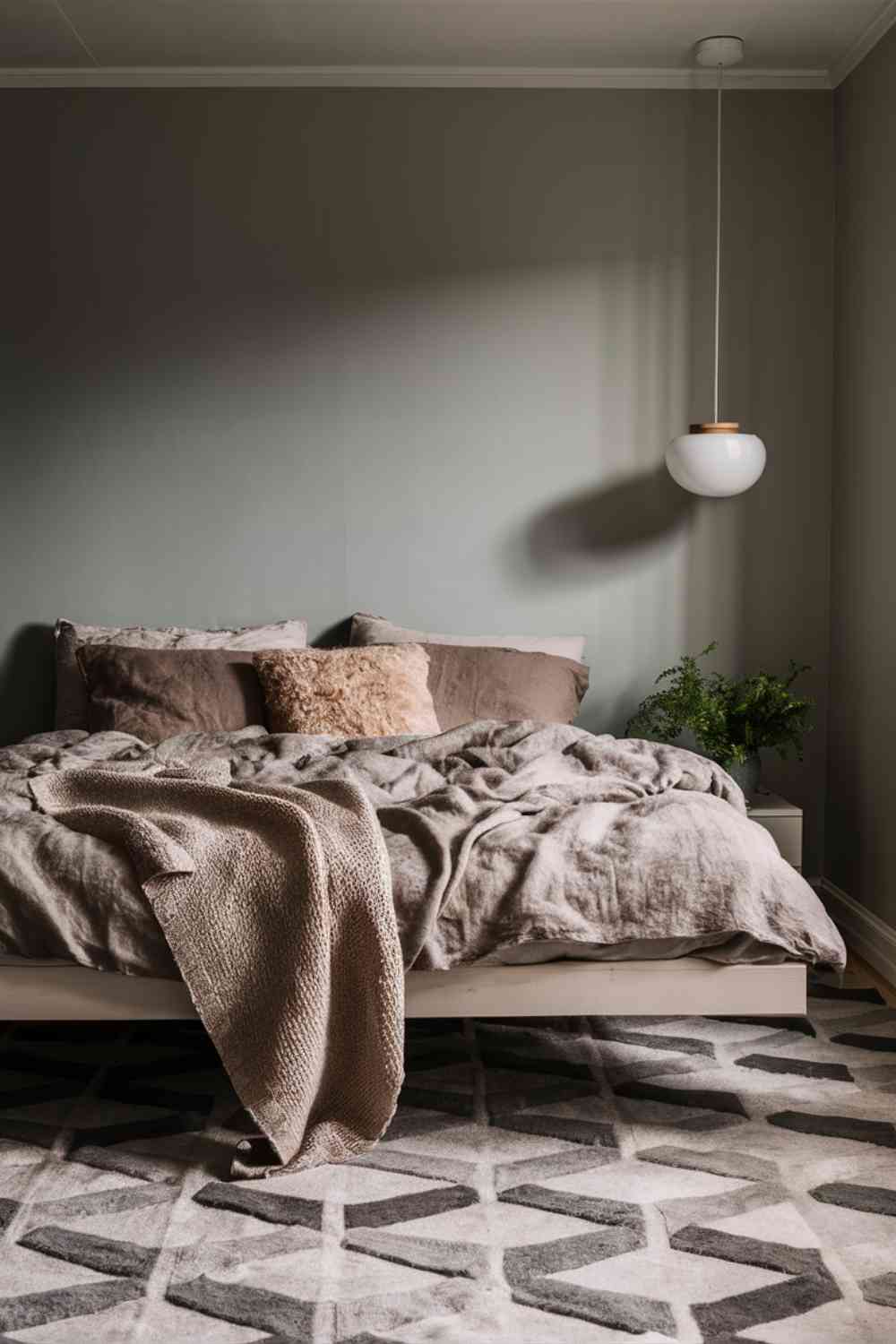 A Scandinavian minimalist bedroom with soft gray walls. A pale wood floating bed frame is the centerpiece, dressed in linen bedding in muted earth tones. Above the bed, a simple pendant light with a white shade hangs from the ceiling. On the floor, a geometric woolen rug in shades of gray and white adds texture and warmth.