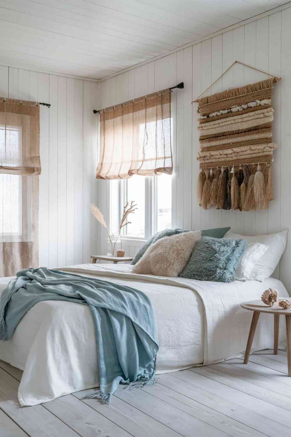 A Scandinavian minimalist bedroom with a coastal twist. The walls are white, and the floor is light wood, reminiscent of driftwood. The bed features crisp white linens with a light blue throw, echoing the colors of sea and sky. Above the bed, a woven wall hanging in natural fibers adds texture. On the wooden bedside table, a few carefully arranged seashells and a piece of coral serve as decor. Large windows offer a glimpse of blue sky, enhancing the coastal feel.