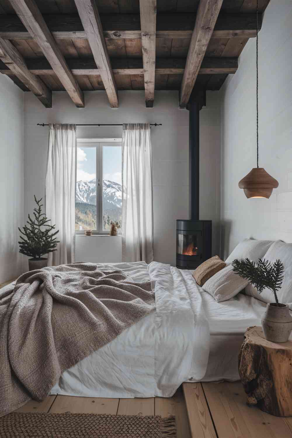 A Scandinavian minimalist bedroom with a mountain cabin vibe, exuding warmth and tranquility. White walls contrast with rich, exposed wooden beams on the ceiling, creating a rustic yet modern feel. The bed is adorned with a generous layer of cozy woolen blankets in soft, neutral tones and a plush faux fur throw. A large window framed with sheer, flowing curtains showcases breathtaking views of snow-capped mountains, enhancing the serene ambiance. In one corner, a sleek, modern wood-burning stove adds both warmth and a contemporary touch. Natural wood elements are prominently featured, including a rough-hewn bedside table with a few carefully placed decorative items, like a small potted evergreen and a textured ceramic lamp. Soft, warm lighting from a low-hanging pendant light with a natural wood finish adds to the inviting atmosphere, while a woven area rug in earthy tones anchors the space and adds a touch of coziness underfoot.