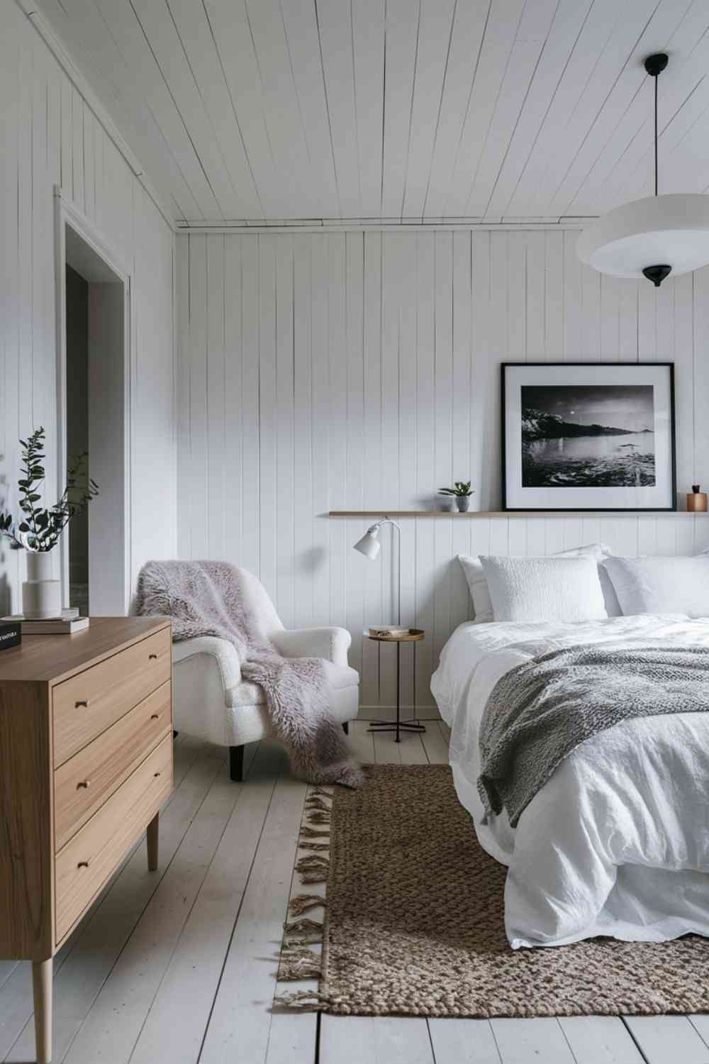 A Scandinavian minimalist bedroom with an all-white color scheme. The walls, ceiling, and bedding are pristine white. A light wood dresser provides a subtle contrast. In the corner, a cozy reading nook features a white armchair with a faux fur throw. Above the bed, a large framed black-and-white photograph serves as the room's focal point.