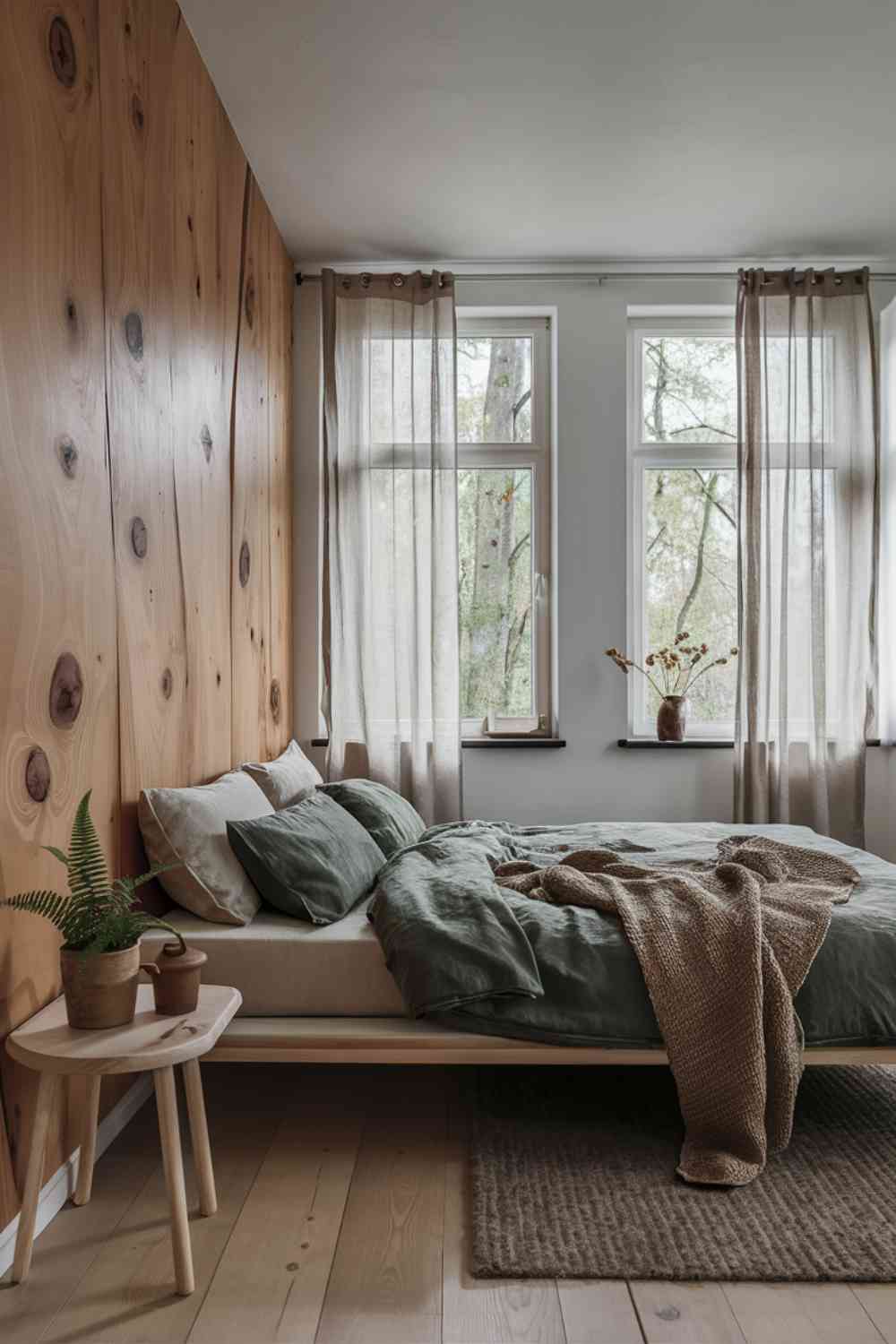 A Scandinavian minimalist bedroom with a woodland theme. One wall features a natural wood accent, its grain and knots adding organic texture. The rest of the walls are white. The bed is dressed in linen bedding in earthy tones - moss green and bark brown. On the wooden bedside table, a small potted fern brings a touch of forest greenery. Large windows offer views of trees outside, blurring the line between indoors and outdoors. 