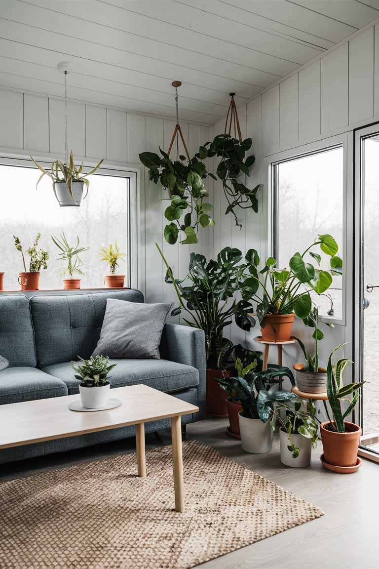 A Scandinavian tiny house living area with a grey sofa, a light wood coffee table, and a collection of potted plants in various sizes and shapes, adding pops of green to the minimalist space.